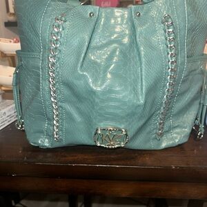 Kathy Van Zeeland Aqua Chain-Accent Shoulder Bag
